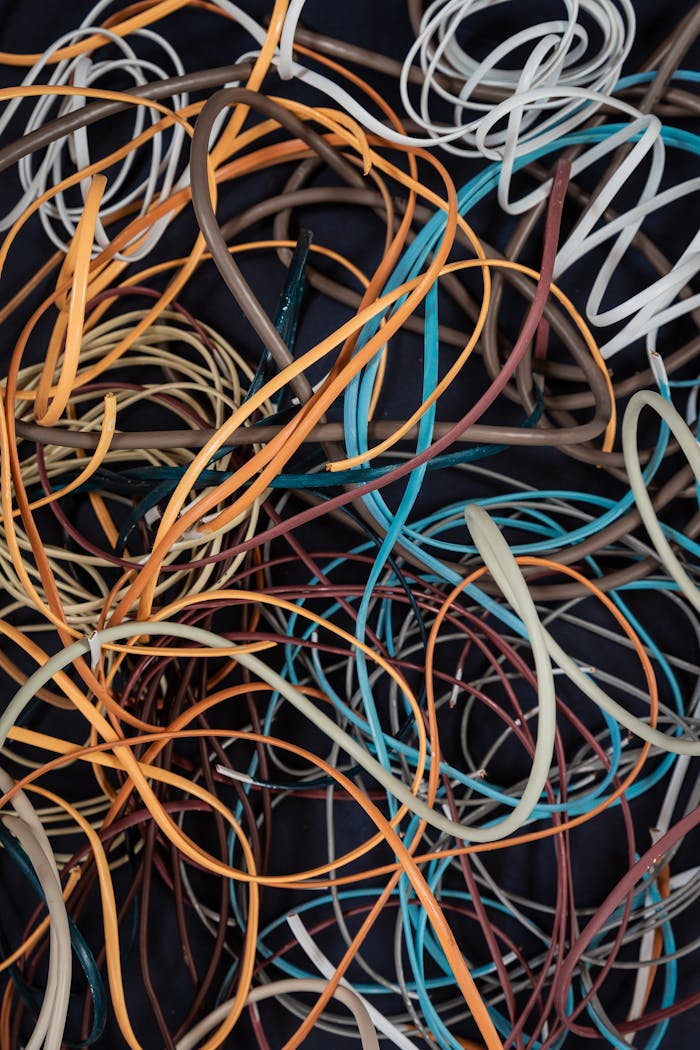 services-01 Close-up of colorful tangled wires creating an abstract pattern.