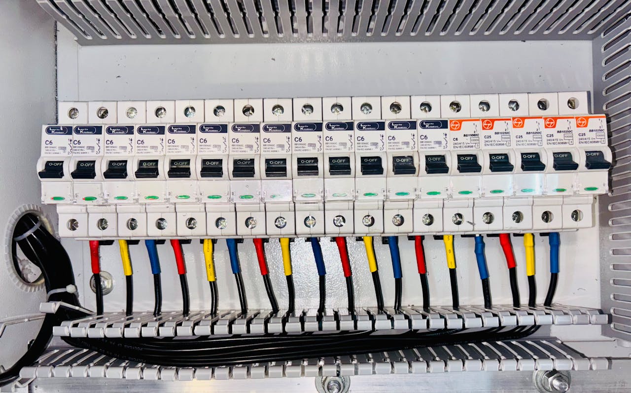 hero-img-01 Close-up of an organized circuit breaker panel featuring color-coded electrical wiring.
