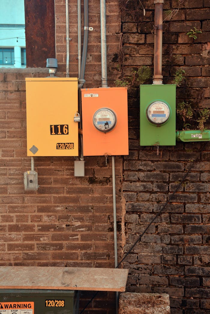 services-02 Colorful utility boxes on a vintage brick wall in Texarkana, highlighting urban aesthetics.